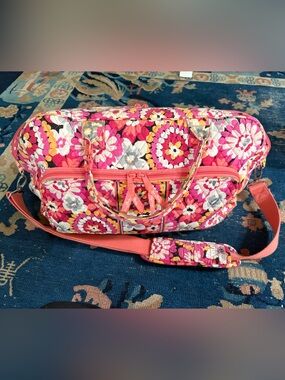 Vera Bradley Coral Pink Floral Quilted Travel Duffel with matching makeup bag